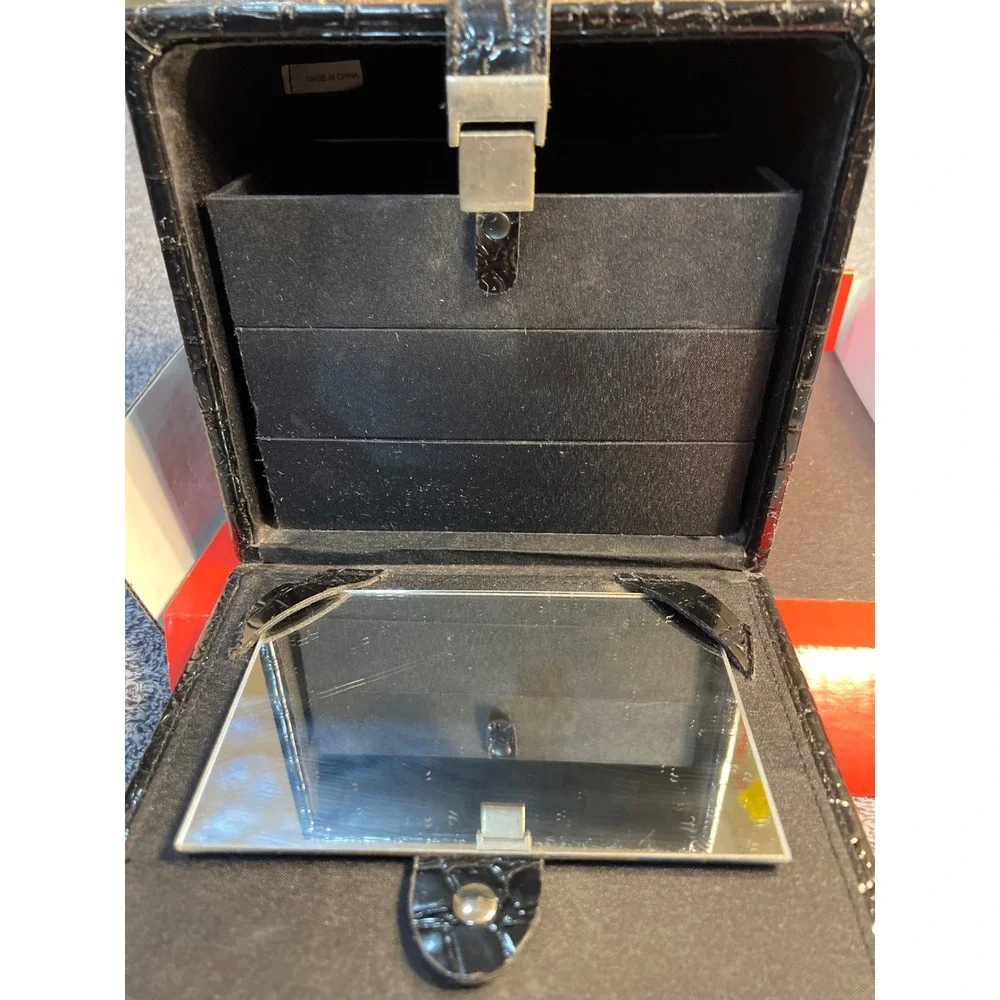 Black Faux Croc Embossed Makeup Train Case Jewelry Box with Mirror & Drawers